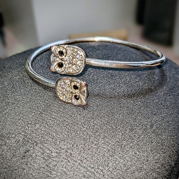 Silver Double Owl Bangle Bracelet - Picture 2 of 7